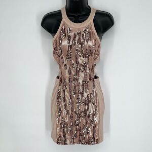 bebe Women's Textured Sequins Halter Cutout Bodycon Dress Size XS Rose Gold